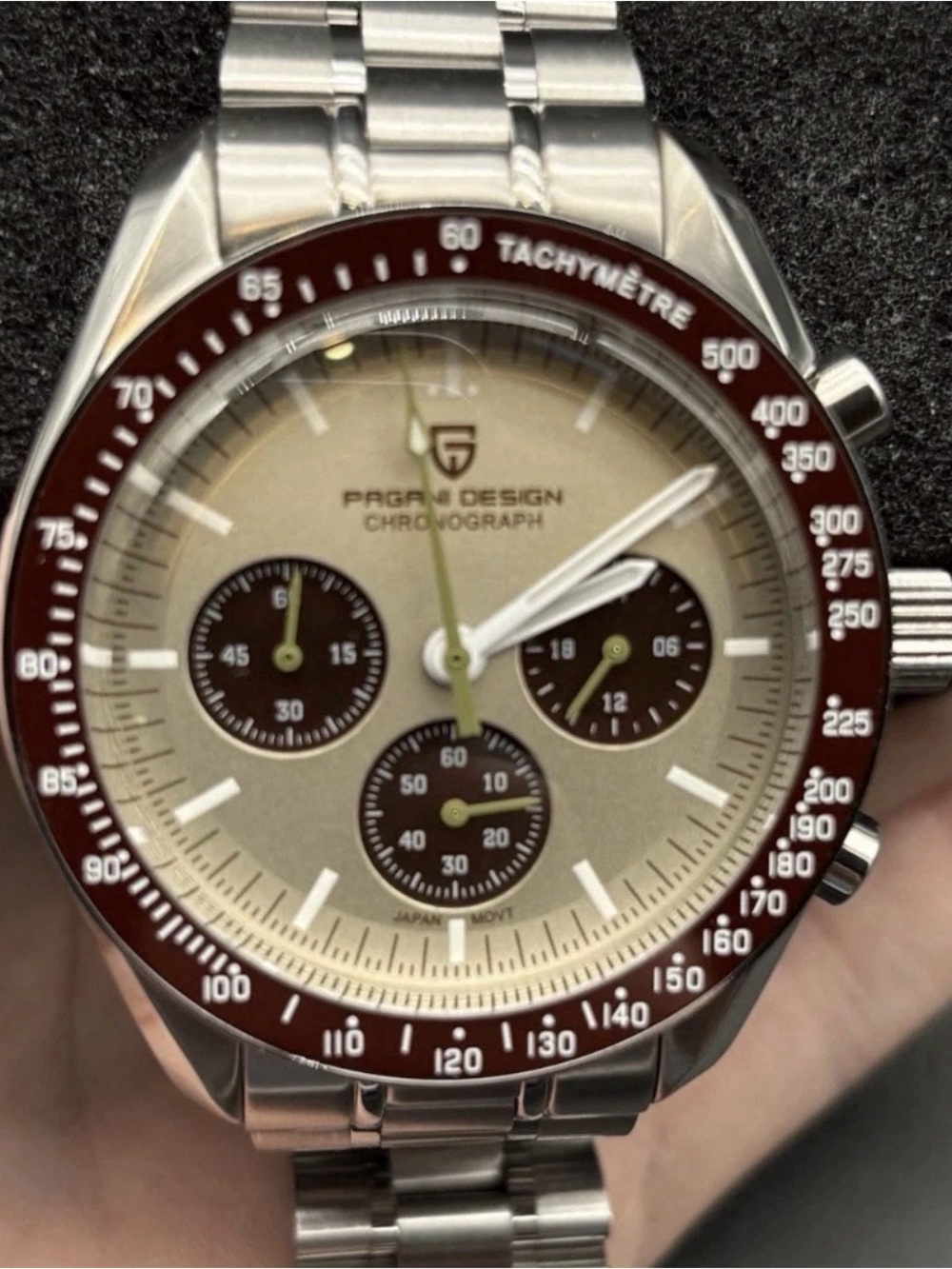 PAGANI DESIGN Men's Silver Chronograph Watch with Brown Bezel